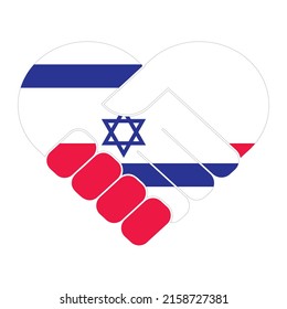 Handshake symbol in the colors of the national flags of Poland and Israel, forming a heart. The concept of peace, friendship.