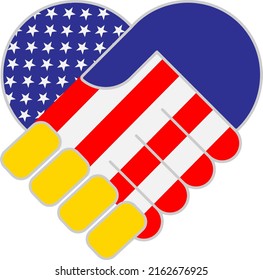  Handshake symbol in the colors of the national flags of USA and Ukraine, forming a heart. The concept of peace, friendship. Vector