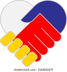  Handshake symbol in the colors of the national flags of Poland and Ukraine, forming a heart. The concept of peace, friendship. Vector