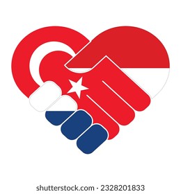 Handshake symbol in the colors of the national flags of Netherlands and Turkey, forming a heart.