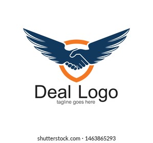 handshake symbol of deal and cooperation vector logo design template with a pair of wings