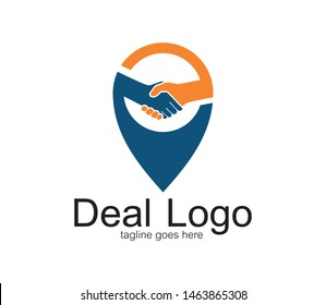 handshake symbol of deal and cooperation vector logo design template inside location tag