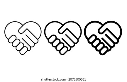 Handshake symbol forming a love heart black icon. Charity concept. Trendy flat isolated outline symbol, sign used for: illustration, logo, mobile, app, design, web, dev, ui, ux, gui. Vector EPS 10
