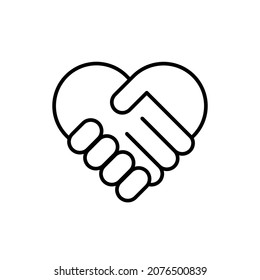 Handshake symbol forming a love heart black icon. Charity help concept. Trendy flat isolated outline symbol, sign used for: illustration, logo, mobile, app, design, web, dev, ux, gui. Vector EPS 10