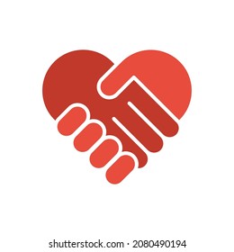 Handshake Symbol Forming A Love Heart Colored Icon. Charity, Help Concept. Trendy Flat Isolated Outline Symbol, Sign Used For: Illustration, Logo, Mobile, App, Design, Web, Dev, Ux, Gui. Vector EPS 10