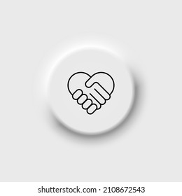 Handshake Symbol Forming A Love Heart Black Icon. Neomorphism Button. Charity, Help Concept. Flat Isolated Outline Symbol, Sign For: Illustration, Logo, App, Design, Web, Dev, Ux, Gui. Vector EPS 10