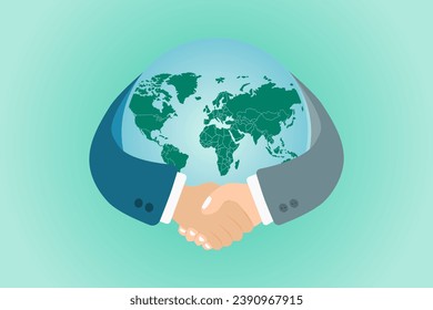 Handshake symbol with globe world map background. International partnership business concept. Vector illustration.