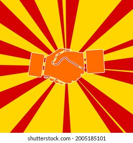 Handshake symbol on a background of red flash explosion radial lines. The large orange symbol is located in the center of the sun, symbolizing the sunrise. Vector illustration on yellow background
