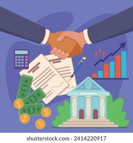 Handshake as symbol of partnership vector illustration. Bank, money, contracts and business diagrams on background. Business, partners, finance concept