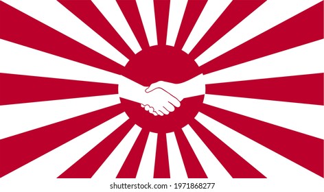 Handshake symbol with rising sun background. Japanese imperial navy flag isolated vector design. Abstract japanese flag for decoration design. Sunshine vector background. Vintage sunburst.