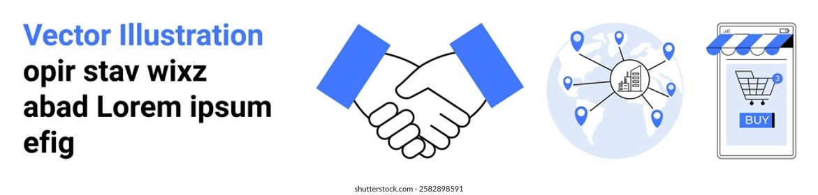 Handshake symbolizes collaboration, network graphic represents global connection, and smartphone with shopping cart icon highlights e-commerce. Ideal for business, partnership, technology