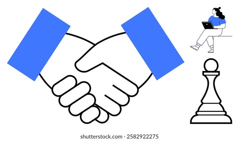 Handshake symbolizing business agreement, woman working on laptop, and chess pawn. Ideal for business deals, remote work, strategy, collaboration, teamwork, planning, and negotiation. Line metaphor