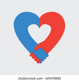 Handshake sympathy, heart shape, vector illustration.