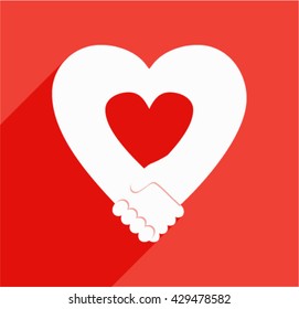 Handshake sympathy, heart shape, web flat icon illustration.