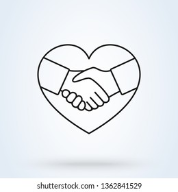 Handshake sympathy, love and friendship concept. Hands together. Heart symbol. Vector illustration