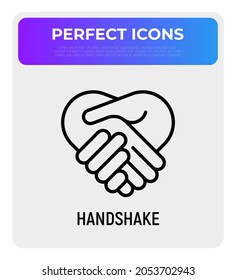 Handshake thin line icon. Modern vector illustration of agreement, contract, cooperation.