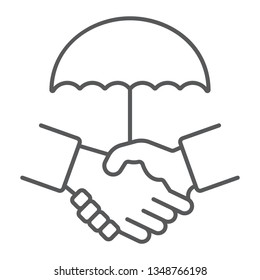 Handshake thin line icon, privacy and trust, security treaty sign, vector graphics, a linear pattern on a white background, eps 10.