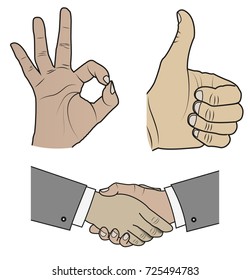 handshake, thumb up and okey gestures vector illustrations