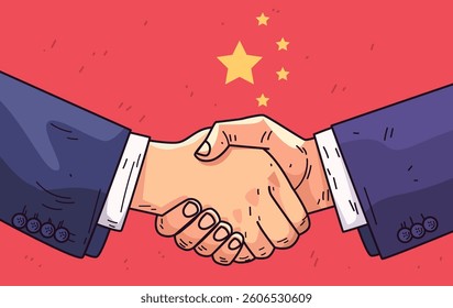 Handshake trade agreement concept two hands shaking against a red background with stars representing international cooperation business deal