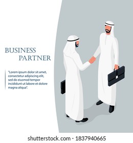 Handshake of two Arab businessmen. Landing page business people deal. Political meeting. Isometric 3D design. Vector illustration. Deal agreement. Shake hand.