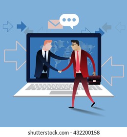 Handshake of two business people with laptop background. On line deal. Business concept illustration vector design