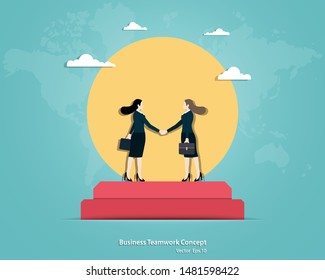 Handshake of two business women. Businesswomen came to an agreement and completed the deal with a handshake. Achievement, Teamwork, Contact, Vector illustration flat.