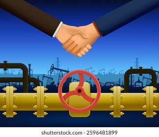 Handshake of two businessmen against the background of a landscape with oil or gas rigs and pipeline. Vector illustration