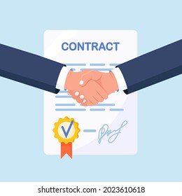 Handshake of Two Businessmen. Agreement of Parties. People Shaking Hands firmly after Signing Documents. Successful Partnership, Cooperation, Investment. Vector illustration