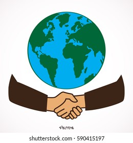 Handshake of two businessmen with globe at background. Icon Isolated on White Background, flat style.