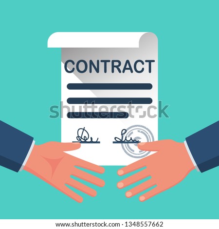 Handshake of two businessmen on the background of the signed contract. Signed treaty with the seal. Vector illustration flat design. Isolated on background. Partnership concept.
