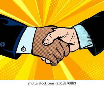 Handshake. Two businessmen shaking hands. Pop art comic vector illustration