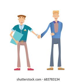 Handshake of two businessmen. Vector illustration in flat style, isolated on white background.