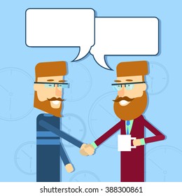 Handshake Two Casual Business Man Greeting Shake Hand With Chat Bubble Flat Vector Illusatrtion