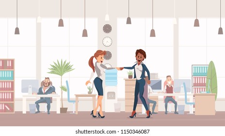 Handshake Two Colleagues. Office Fun. People Work In Office. Happy Workers In Workplace. Corporate Culture In Company. Cheerful Working Day. Female Colleagues At Work. Vector Illustration.