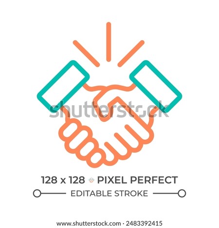Handshake two color line icon. Agreement icon bicolor outline symbol. Business deal. Collaboration and partnership. Duotone linear pictogram. Isolated illustration. Editable stroke
