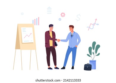 Handshake Two Entrepreneur. Businessman Shake Hand Client, Customer Person Agreement, Partnership Deal Greeting World Relationship Sell Management, Vector Illustration. Handshake Businessman Agreement