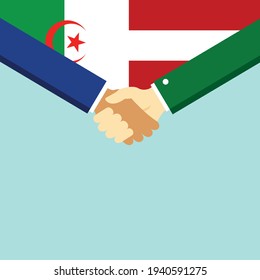 The handshake and two flags Algeria and Austria. Flat style vector illustration.