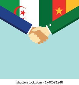 The handshake and two flags Algeria and Cameroon. Flat style vector illustration.