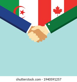El apretón de manos y dos banderas son Argelia y Canadá. Ilustración vectorial de estilo plano.