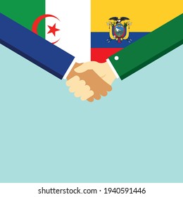El apretón de manos y dos banderas son Argelia y Ecuador. Ilustración vectorial de estilo plano.