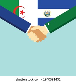 The handshake and two flags Algeria and El Salvador. Flat style vector illustration.