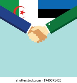The handshake and two flags Algeria and Estonia. Flat style vector illustration.