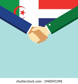 The handshake and two flags Algeria and Holland. Flat style vector illustration.