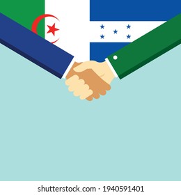 El apretón de manos y dos banderas son Argelia y Honduras. Ilustración vectorial de estilo plano.