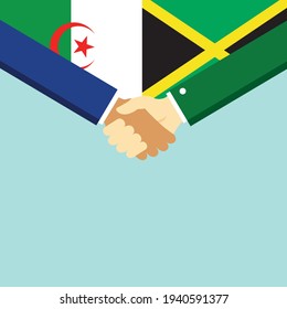The handshake and two flags Algeria and Jamaica. Flat style vector illustration.