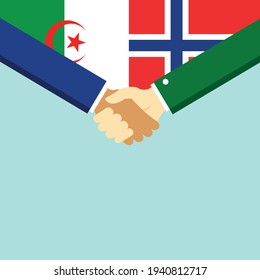 The handshake and two flags Algeria and Norway. Flat style vector illustration.