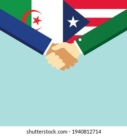 Der Handschlag und zwei Flaggen Algerien und Puerto Rico. Flache Vektorgrafik.