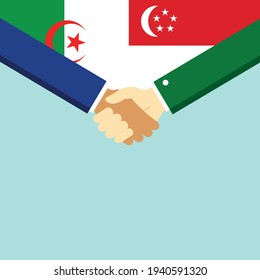 The handshake and two flags Algeria and Singapore. Flat style vector illustration.