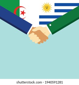 El apretón de manos y dos banderas son Argelia y Uruguay. Ilustración vectorial de estilo plano.
