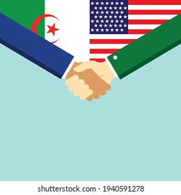 The handshake and two flags Algeria and USA. Flat style vector illustration.